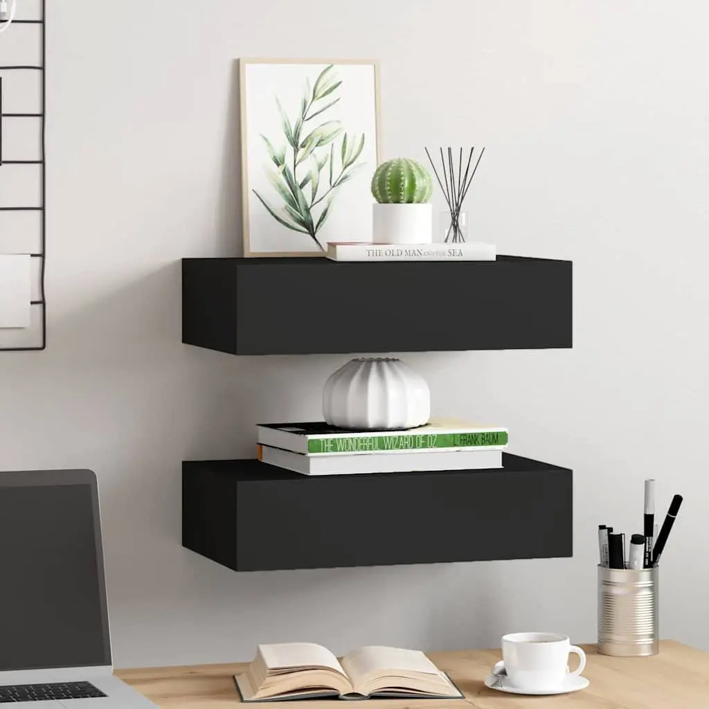 Wall-mounted Drawer Shelves 2 pcs Black Floating Storage Organizer