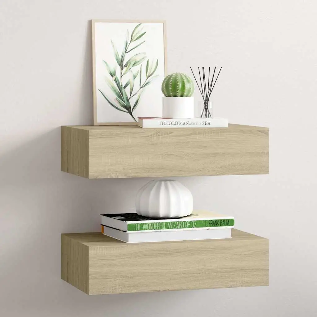 Floating Storage Drawer Shelves Wall-Mounted Oak Set of 2 40x23.5x10cm for Organizing Small Items in Living Rooms Bedrooms Entryways