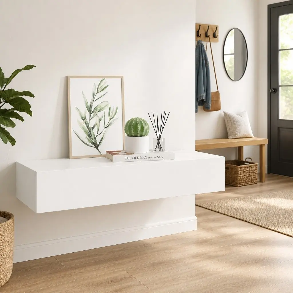White Wall-mounted Shelf with Drawer 60x23.5x10cm for Organizing Small Items