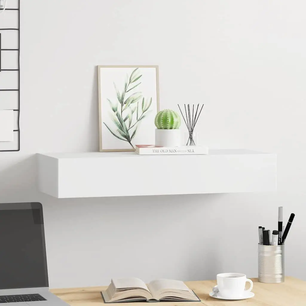 White Wall-mounted Shelf with Drawer 60x23.5x10cm for Organizing Small Items