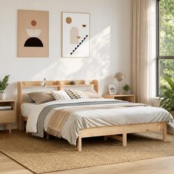 Bed Frame 150x200cm Solid Wood Pine Slatted Base Headboard Storage Shelves