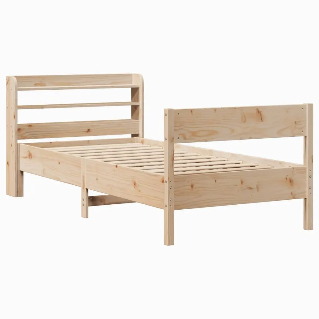 Bed Frame 90x190 cm Solid Pine Wood Slatted Base Headboard with Storage Shelves