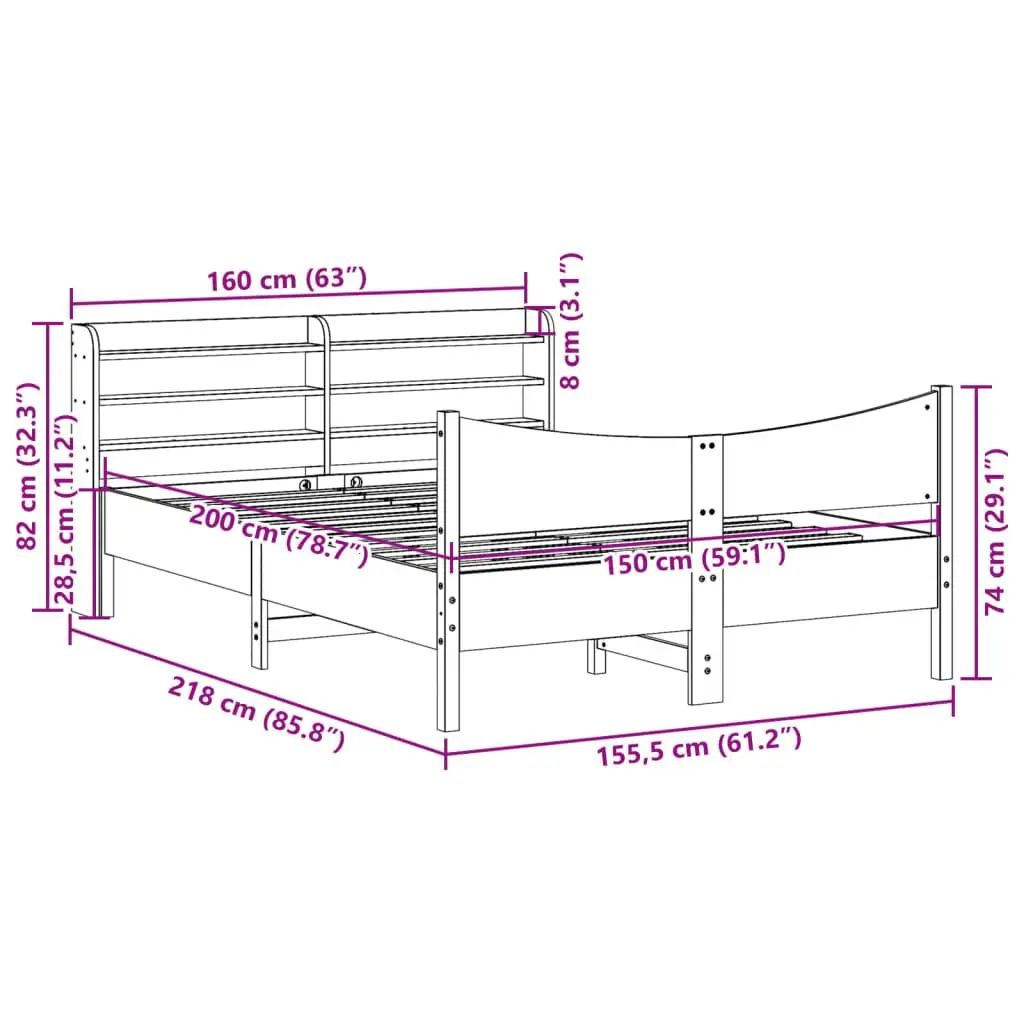 Bed Frame 150x200 cm Solid Pine Wood Slatted Base with Storage Headboard