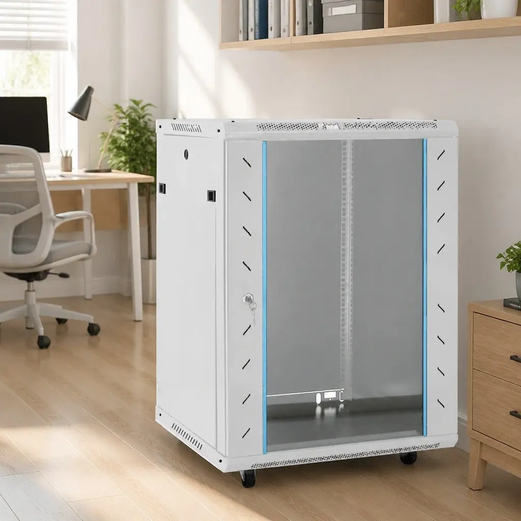 Network Cabinet 15U 19 Inch Cold-Rolled Steel Construction Removable Side Panels Lockable Front Door Grey 60x45x86cm