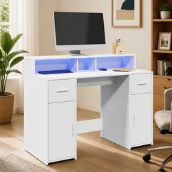 Stylish White Desk with RGB LED Lighting and Storage