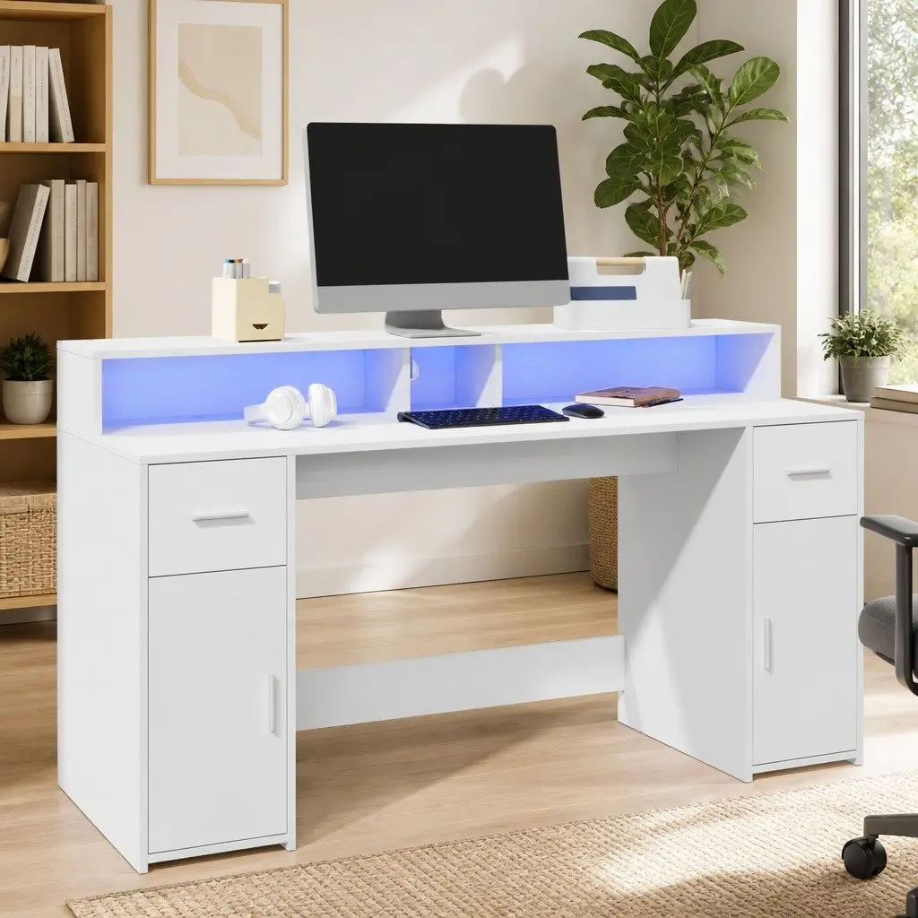 White Office Desk with RGB LED Lights and Storage Drawers Engineered Wood
