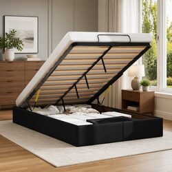 Black Faux Leather Ottoman Bed Frame with Lift Mechanism