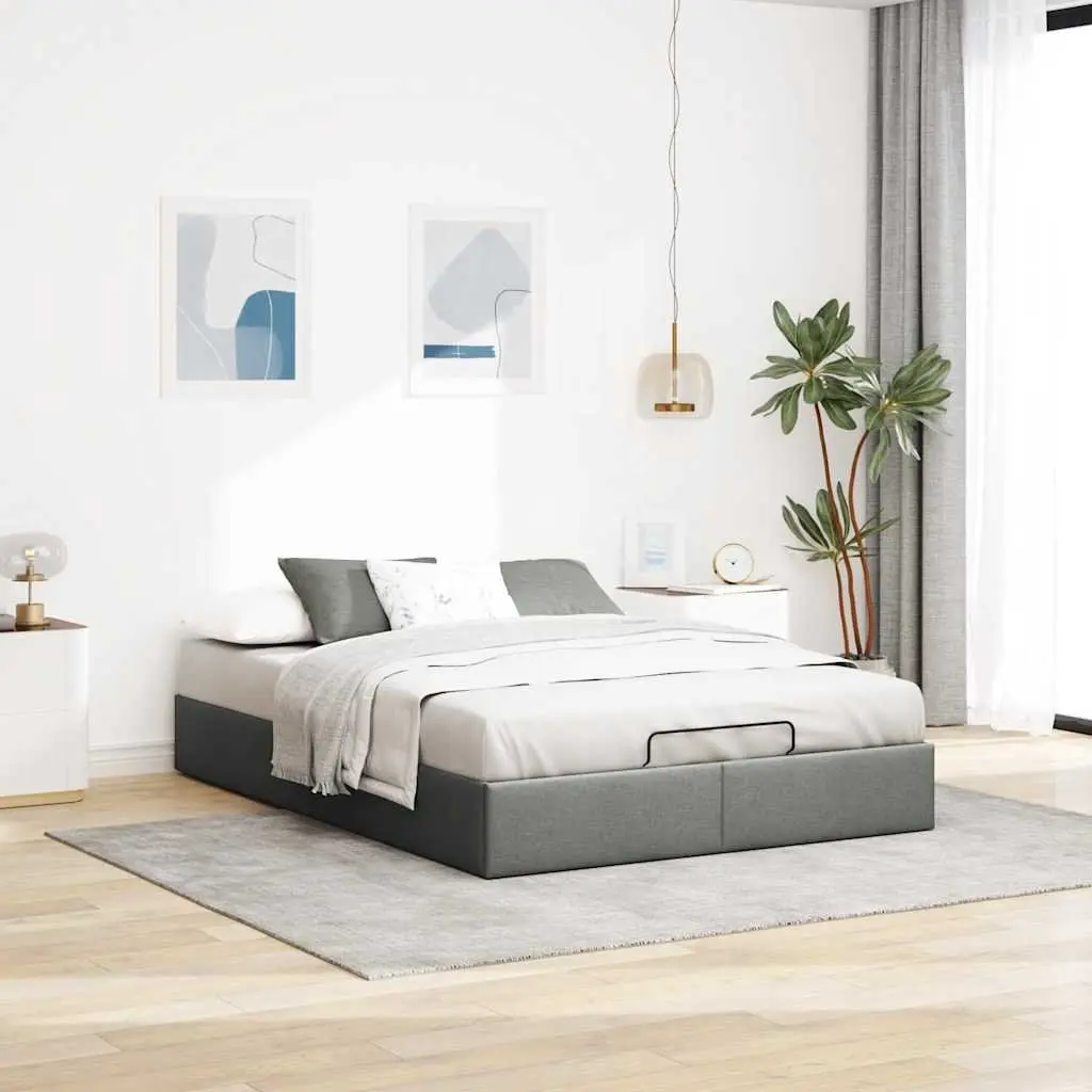 Double Bed Frame with Lift Storage Mechanism Grey Fabric Ottoman for Bedroom
