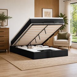 Double Ottoman Bed with Pocket Spring Mattress Black Faux Leather Storage