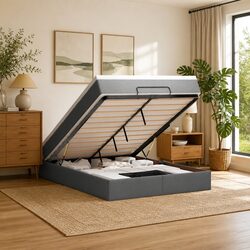 Double Ottoman Storage Bed with Pocket Spring Mattress Grey Fabric