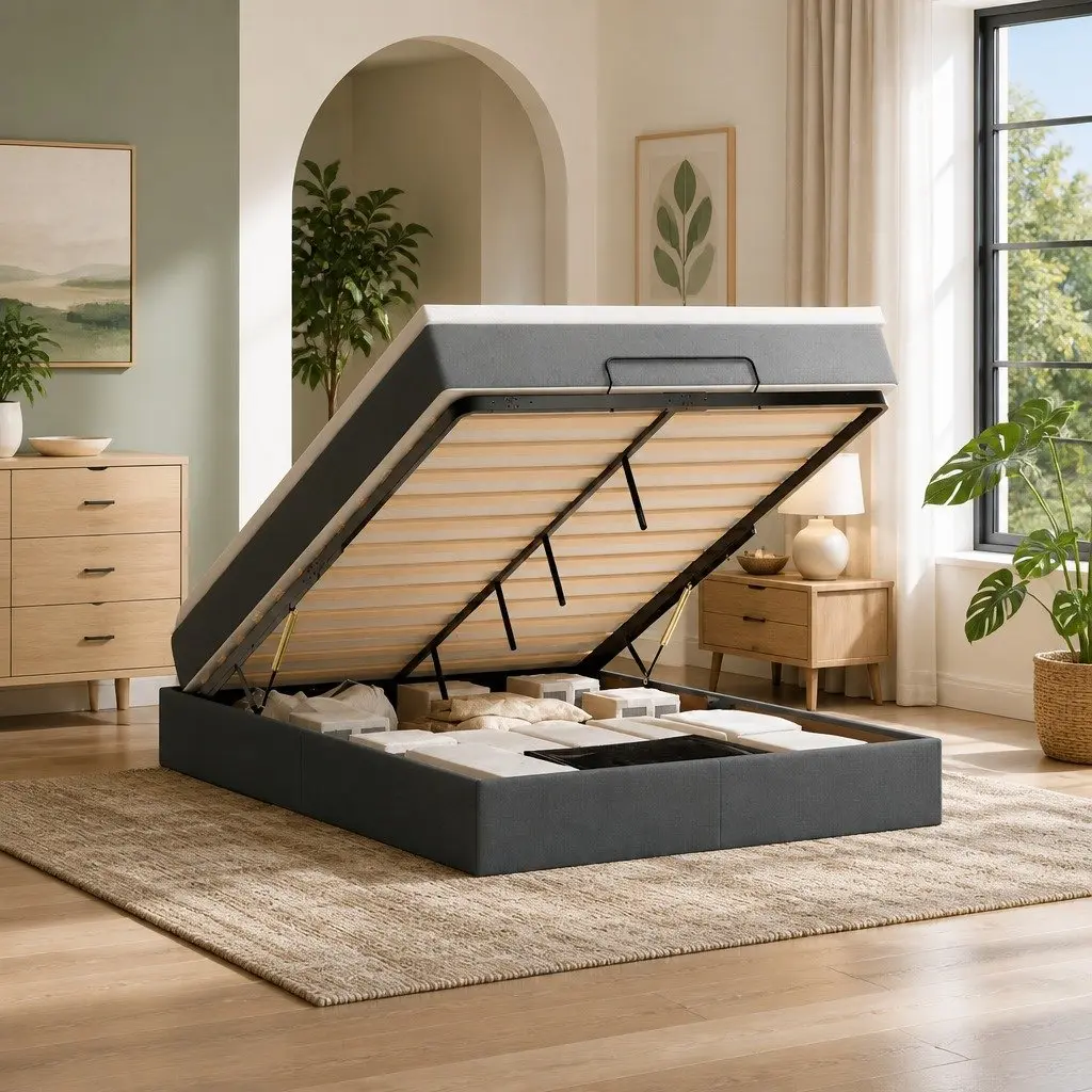 Ottoman Bed Queen with Pocket Spring Mattress Grey Fabric Hydraulic Lift Storage Base