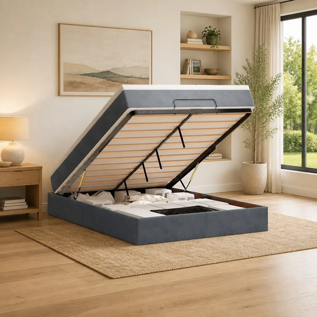 Double Velvet Ottoman Bed with Hydraulic Lift and Pocket Spring Mattress in Grey for Bedroom Storage