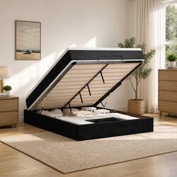 Black Velvet Ottoman Queen Bed with Smart Storage Design