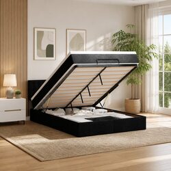 Queen Ottoman Bed with Pocket Spring Mattress Black Storage Bedframe Lift