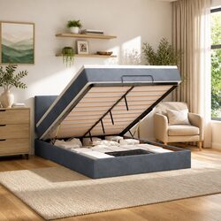 Grey Velvet Ottoman Bed with Lift Base for Enhanced Storage