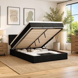 Ottoman Bed with Mattress Double Black Velvet Storage Lift Frame