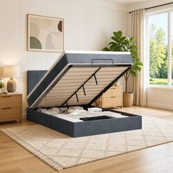 Queen Ottoman Bed with Pocket Spring Mattress Grey Velvet Storage Lift