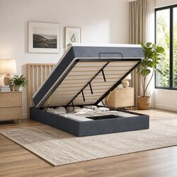Queen Ottoman Bed with Pocket Spring Mattress Grey Velvet Storage Bedroom