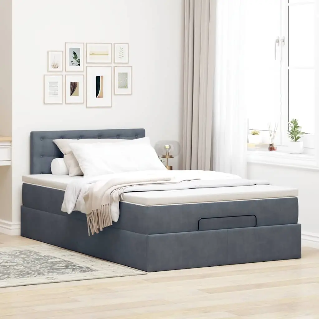 King Single Ottoman Bed Grey Velvet with Pocket Spring Mattress and Hydraulic Lift Storage