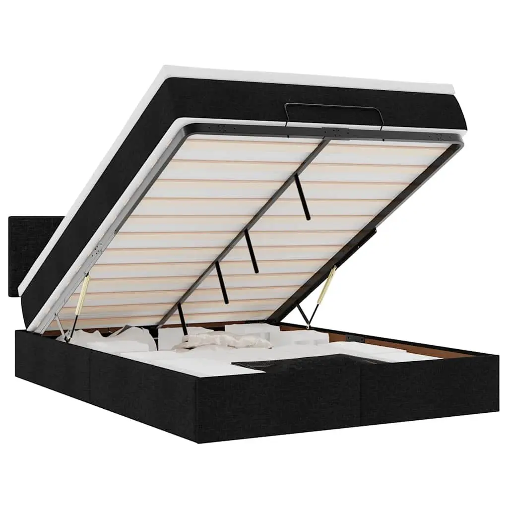 Double Ottoman Bed with Pocket Spring Mattress Black Fabric Hydraulic Lift LED Lights