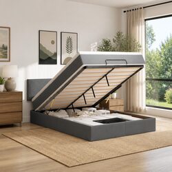 Ottoman Bed with Pocket Spring Mattress LED Lights Storage Queen Grey Fabric