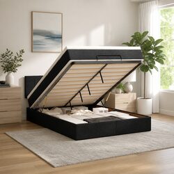 Ottoman Bed Double Black Fabric with Pocket Spring Mattress LED Lights Storage