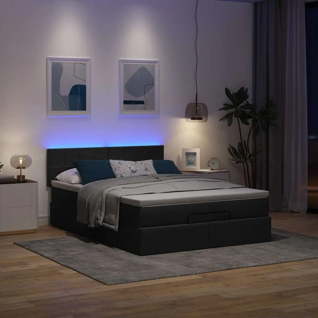 Ottoman Bed Double Black Fabric Pocket Spring Mattress LED Lights Storage