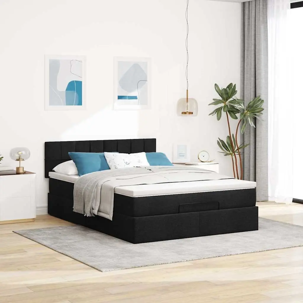 Ottoman Bed Double Black Fabric Pocket Spring Mattress LED Lights Storage
