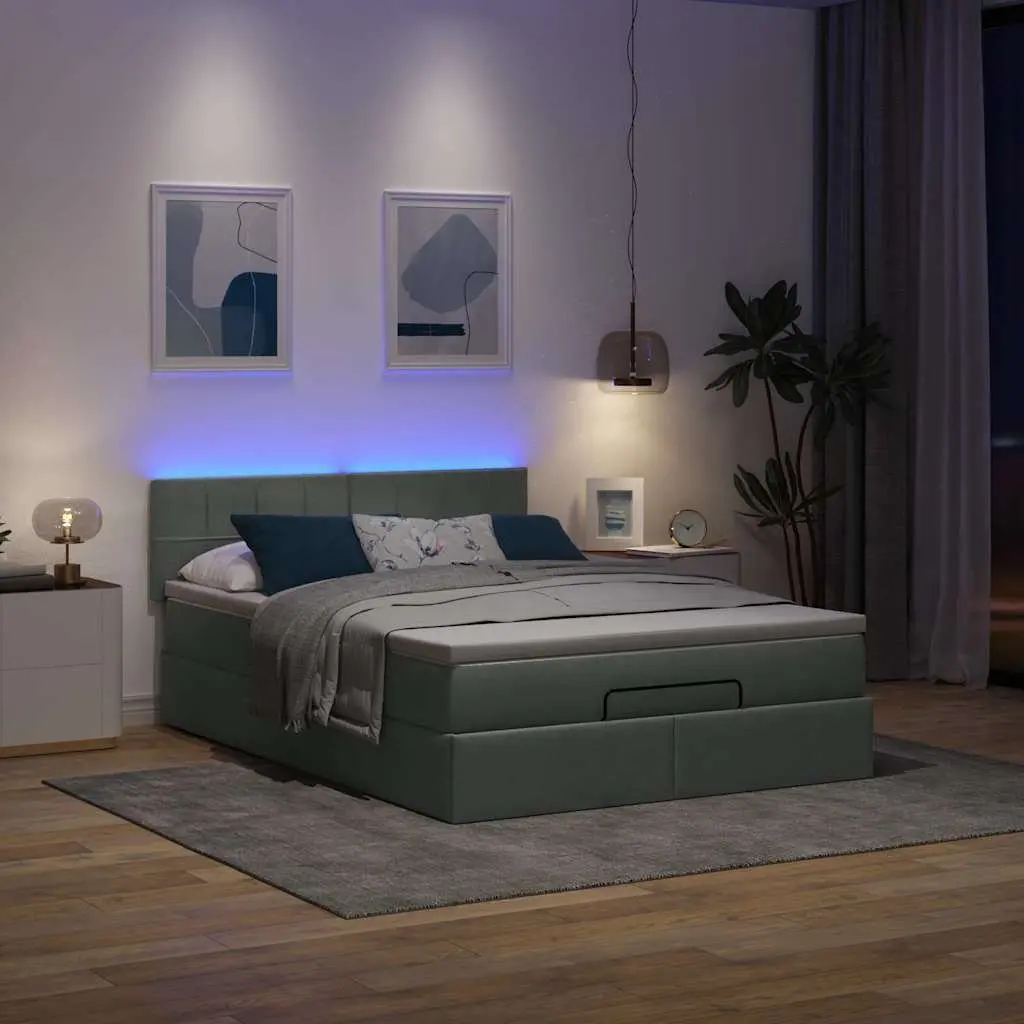 Ottoman Bed with Pocket Spring Mattress Hydraulic Lift Storage Grey Fabric LED Lights