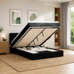 Double Ottoman Bed with Pocket Spring Mattress LED Lights Storage Black Fabric