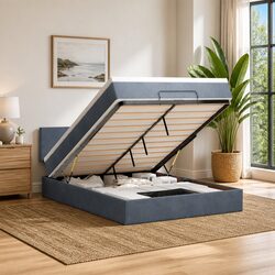 Queen Ottoman Bed with Pocket Spring Mattress LED Lights Storage Grey Velvet