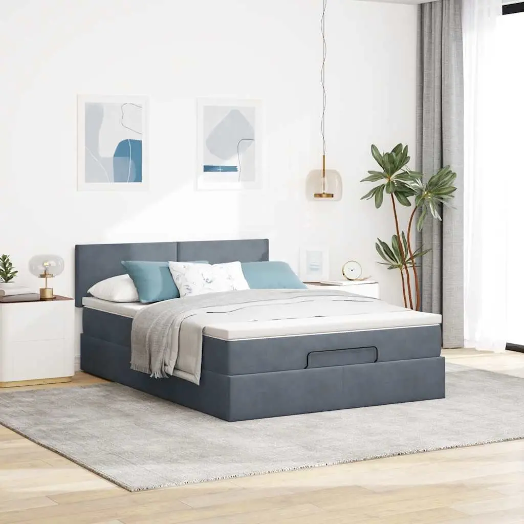 Queen Ottoman Bed Grey Velvet Pocket Spring Mattress LED Lights Storage