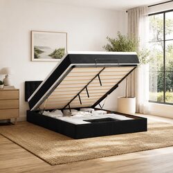 Queen Ottoman Bed with Pocket Spring Mattress LED Lights Storage Black Velvet