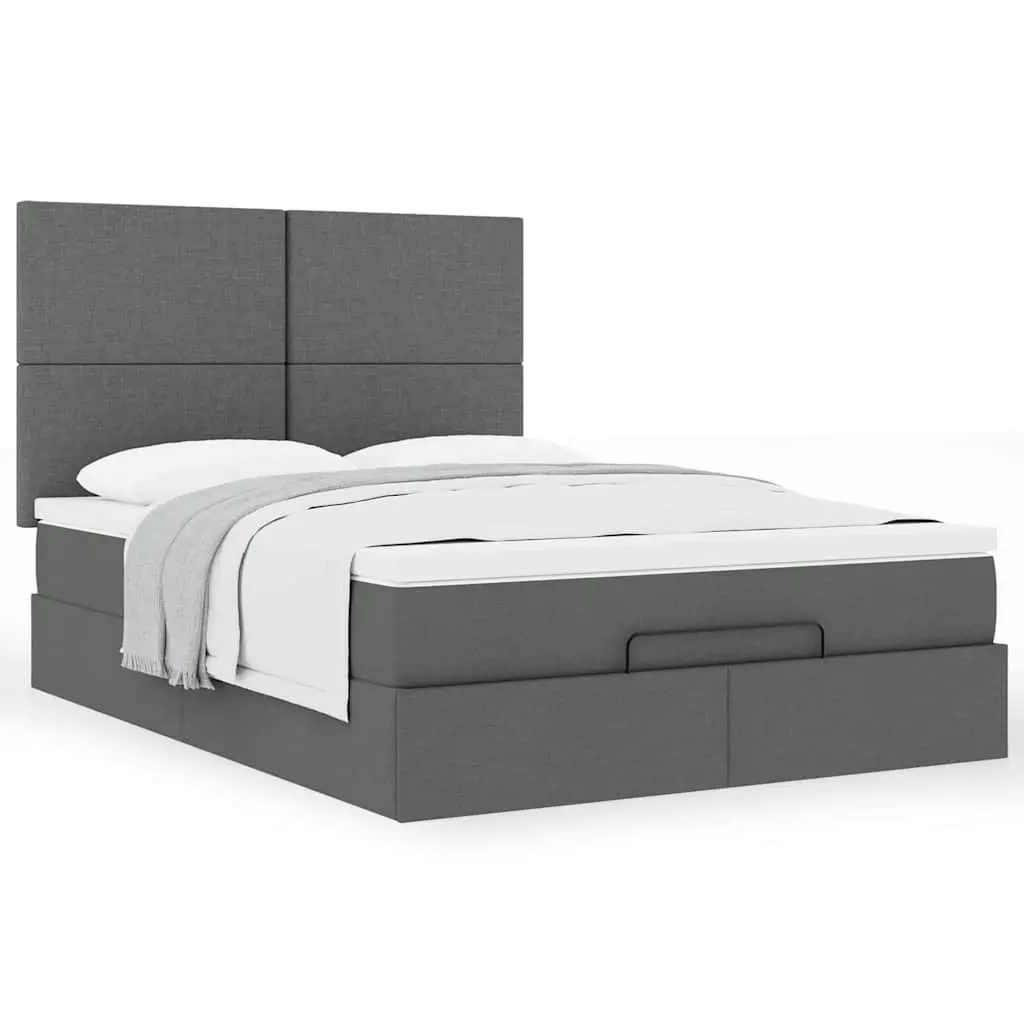 Queen Grey Upholstered Ottoman Bed Frame with Hydraulic Lift Storage and Pocket Spring Mattress