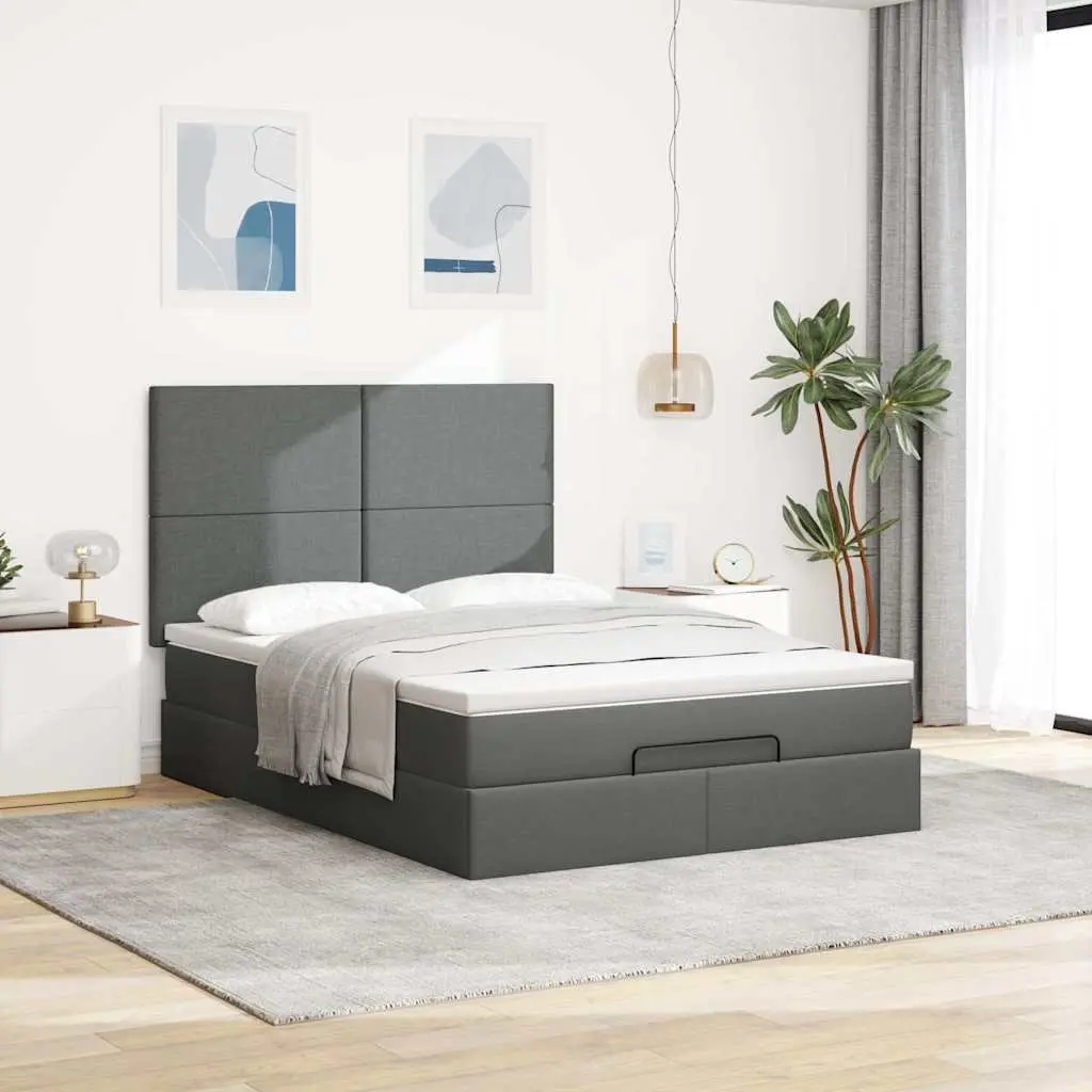 Queen Grey Upholstered Ottoman Bed Frame with Hydraulic Lift Storage and Pocket Spring Mattress