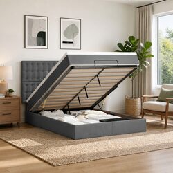 Ottoman Bed with Pocket Spring Mattress Grey Double Storage Bedroom Furniture