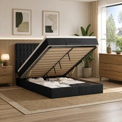 Queen Ottoman Bed with Pocket Spring Mattress Black Fabric Storage Lift