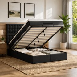 Queen Ottoman Bed in Black Faux Leather with Integrated LED Lights