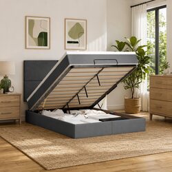Ottoman Bed Double Grey Fabric with Pocket Spring Mattress LED Lights Storage