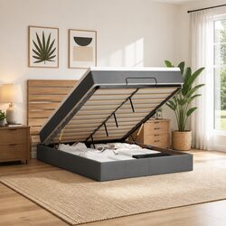 Double Ottoman Bed with Pocket Spring Mattress LED Lights Storage Grey Fabric