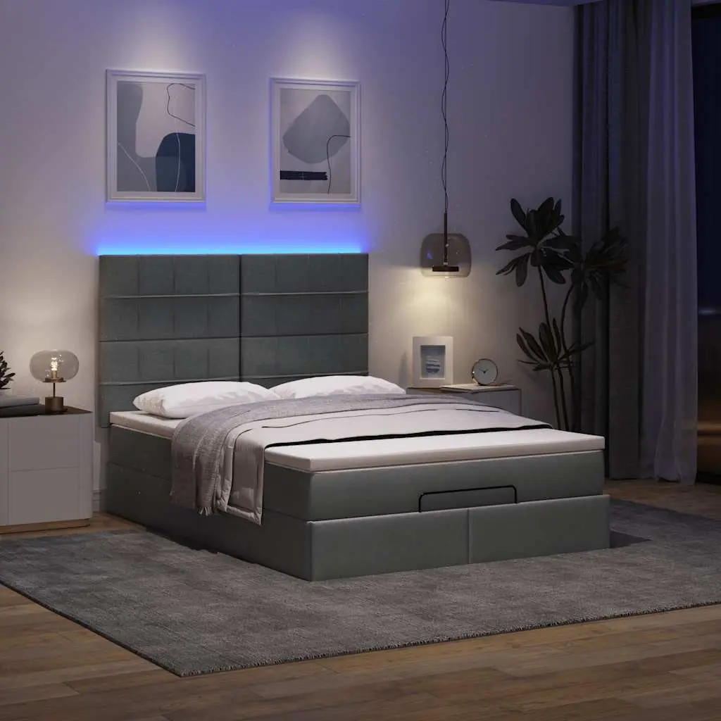 Ottoman Storage Bed Queen Upholstered Grey Fabric Frame with Hydraulic Lift and LED Lights
