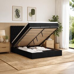 Double Ottoman Bed with Pocket Spring Mattress LED Lights Under-Bed Storage