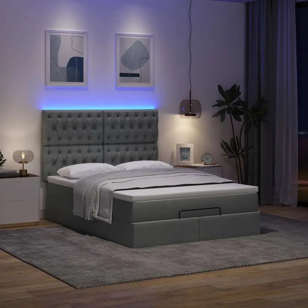 Ottoman Bed Queen Grey Fabric Pocket Spring Mattress Hydraulic Lift Storage with LED Lights