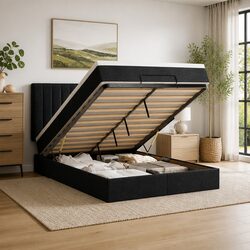 Stylish Queen Ottoman Bed with Pocket Spring Mattress and LED Lighting