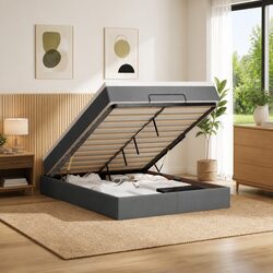 Grey Fabric Ottoman Bed with Storage and LED Lighting