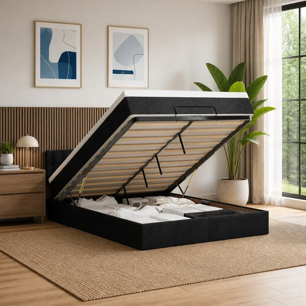 Ottoman Bed Double with Pocket Spring Mattress LED Lights Storage Black Fabric