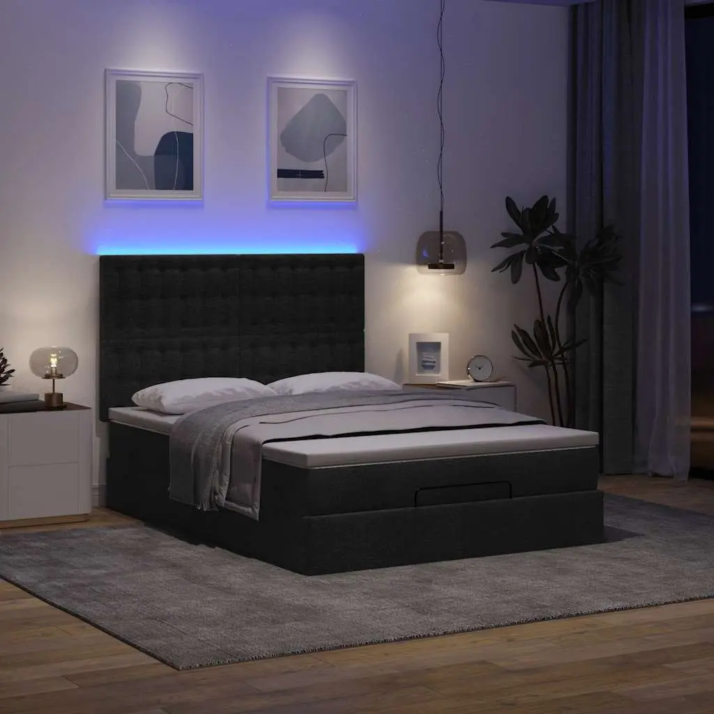Ottoman Bed Double with Pocket Spring Mattress LED Lights Storage Black Fabric