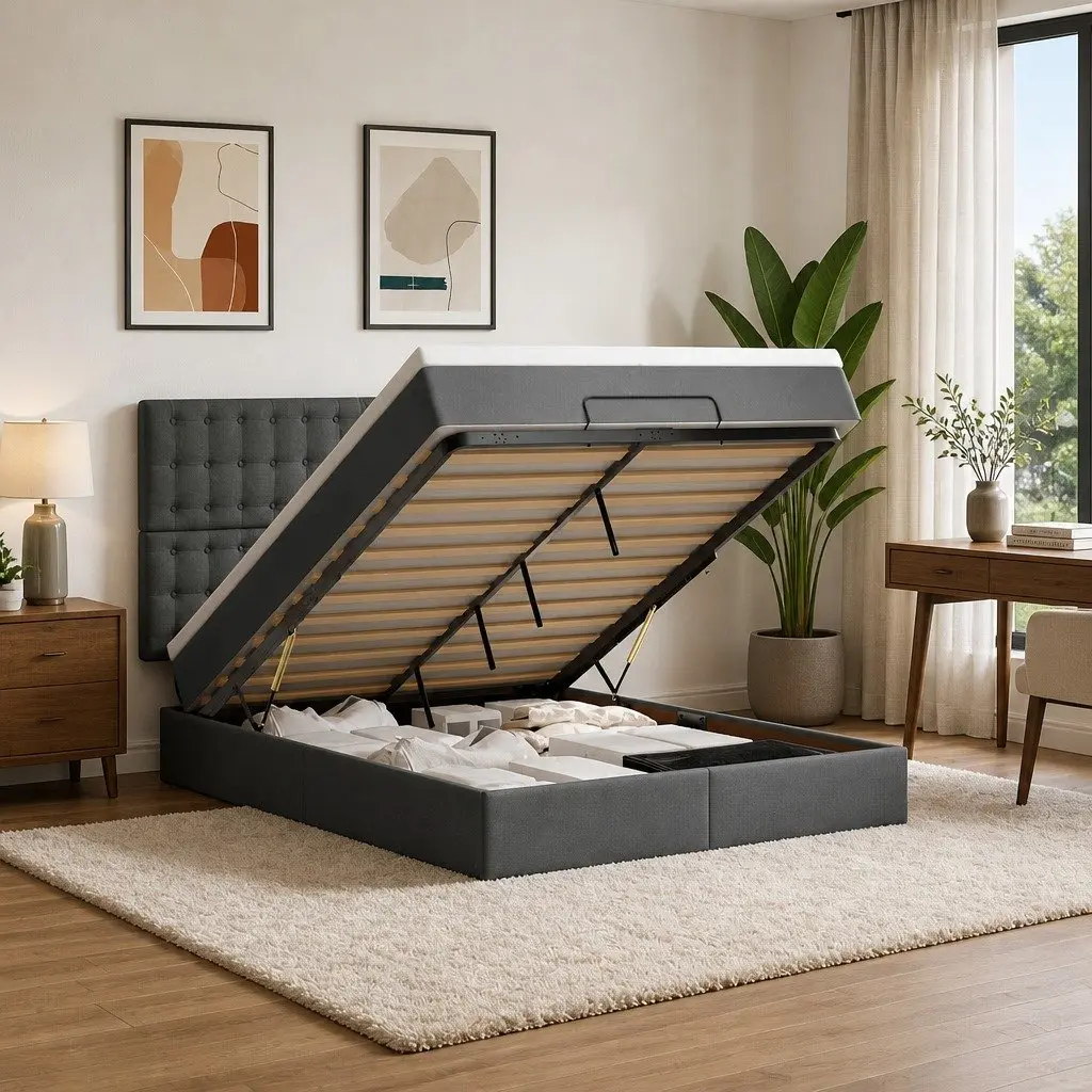 Ottoman Bed Queen Grey Fabric Pocket Spring Mattress LED Lights Storage