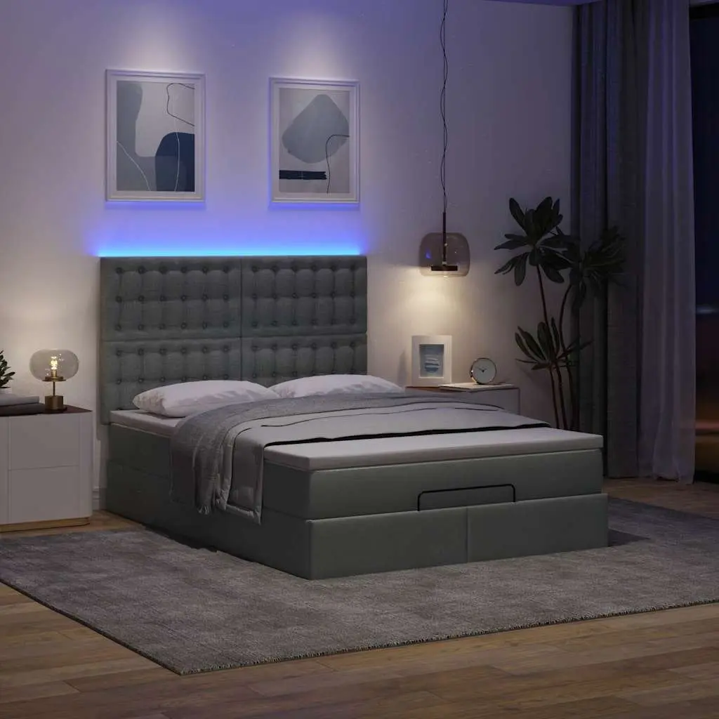 Ottoman Bed Queen Grey Fabric Pocket Spring Mattress LED Lights Storage