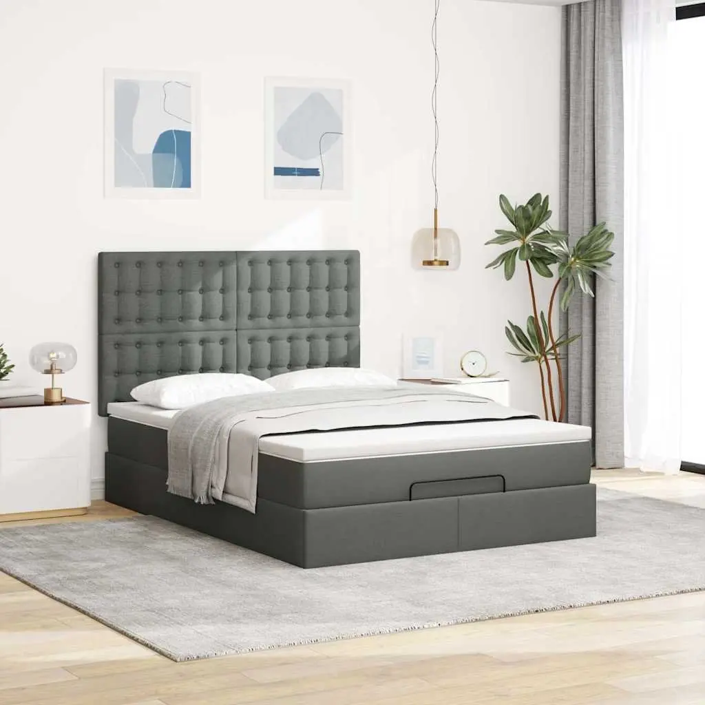 Ottoman Bed Queen Grey Fabric Pocket Spring Mattress LED Lights Storage